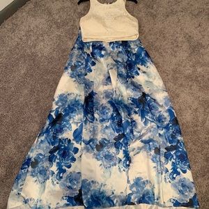 Blue and White Floral Two Piece Prom Dress